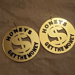 New "Honeys Get The Money" Dollar Sign Gold Mirror Acrylic Circle Earrings